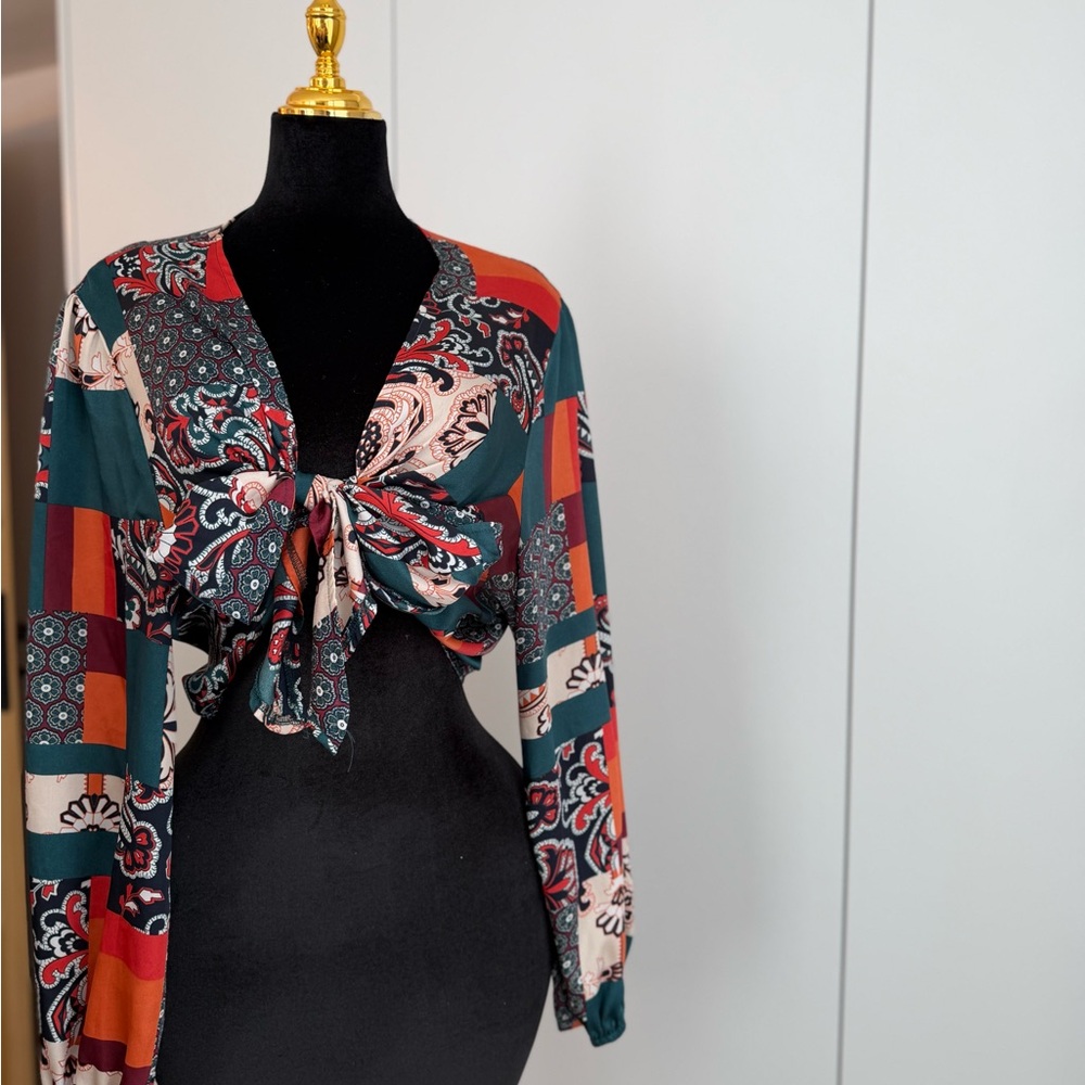 Boohoo Plus Teal & Rust Patchwork Tie-Front Crop … - image 4